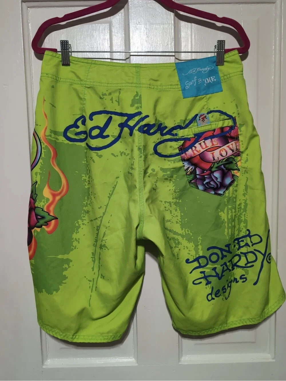 Vtg Ed Hardy By Christian Audigier Surf Or Die Board Shorts Lime Men 33(1600)F